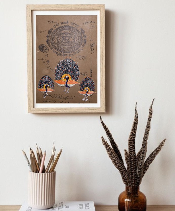 Handmade Kishangarh Trio Peacock Miniature Painting